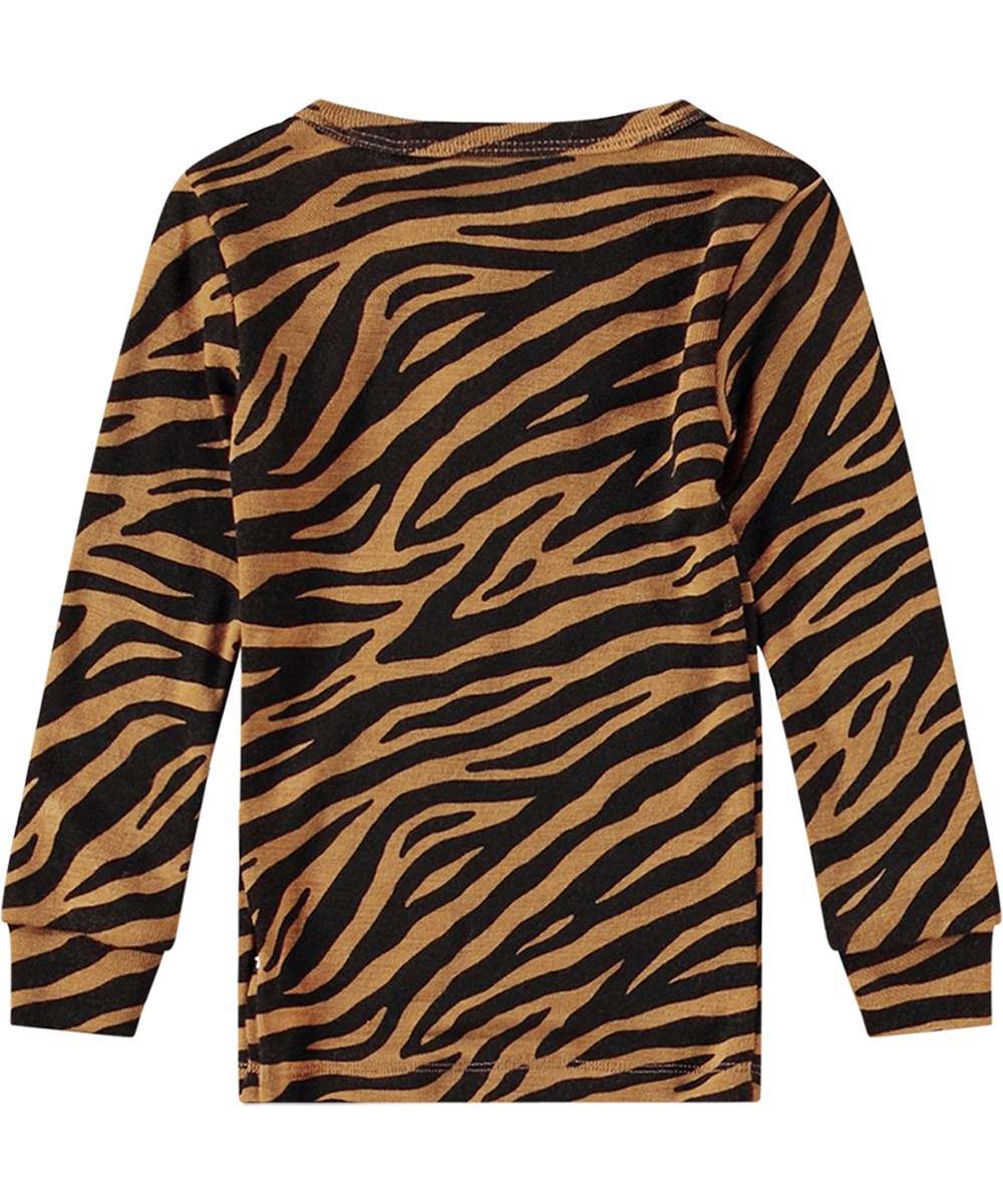 Ena - Zebra Wool - Schwarzer und orangefarbener Öko-Merinowollpullover mit Zebramuster.