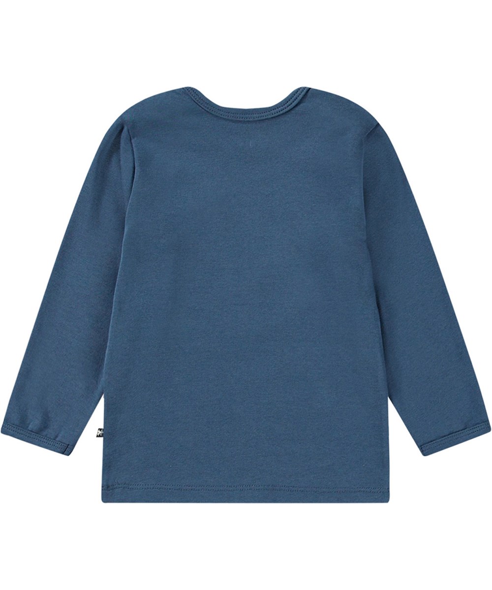 Enzi - Calm Fjord - Öko-Baumwolljersey dunkelblaue Bluse mit Pixel-Emoji-Druck.