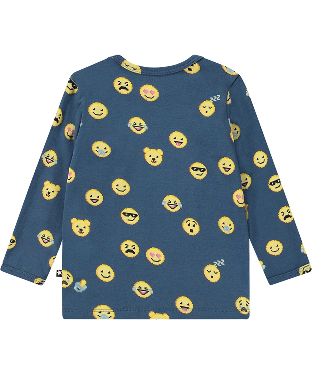 Enzi - Pixel Smiles - Dunkelblaue Bluse aus Öko-Baumwolljersey mit Pixel-Emoji-Druck.