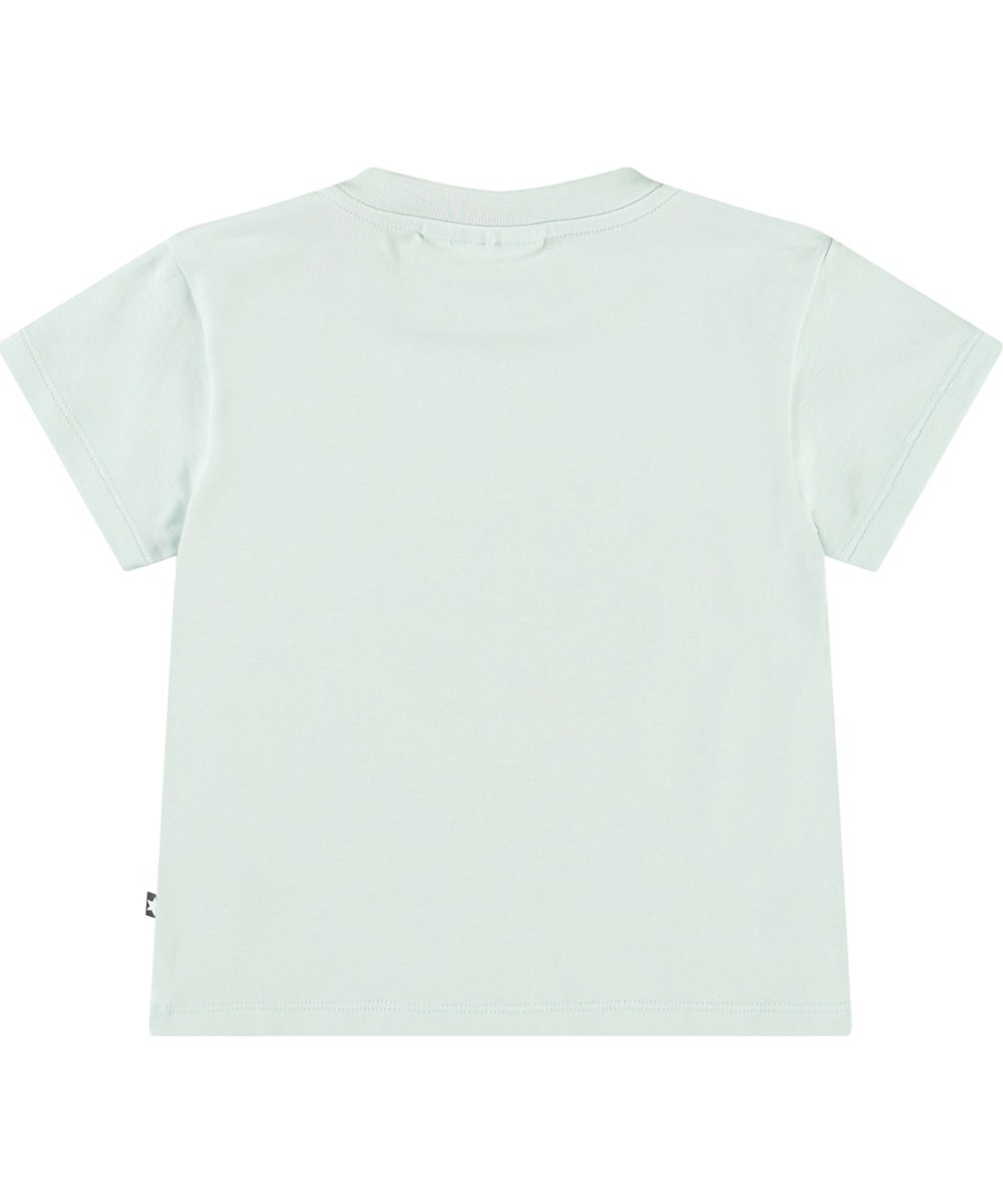 Enzo - A-Meow-Sing - Klassisches T-Shirt aus Öko-Baumwolle für Babys. Das T-Shirt ist hellblau mit einem Aufdruck von einem glücklichen Kätzchen.