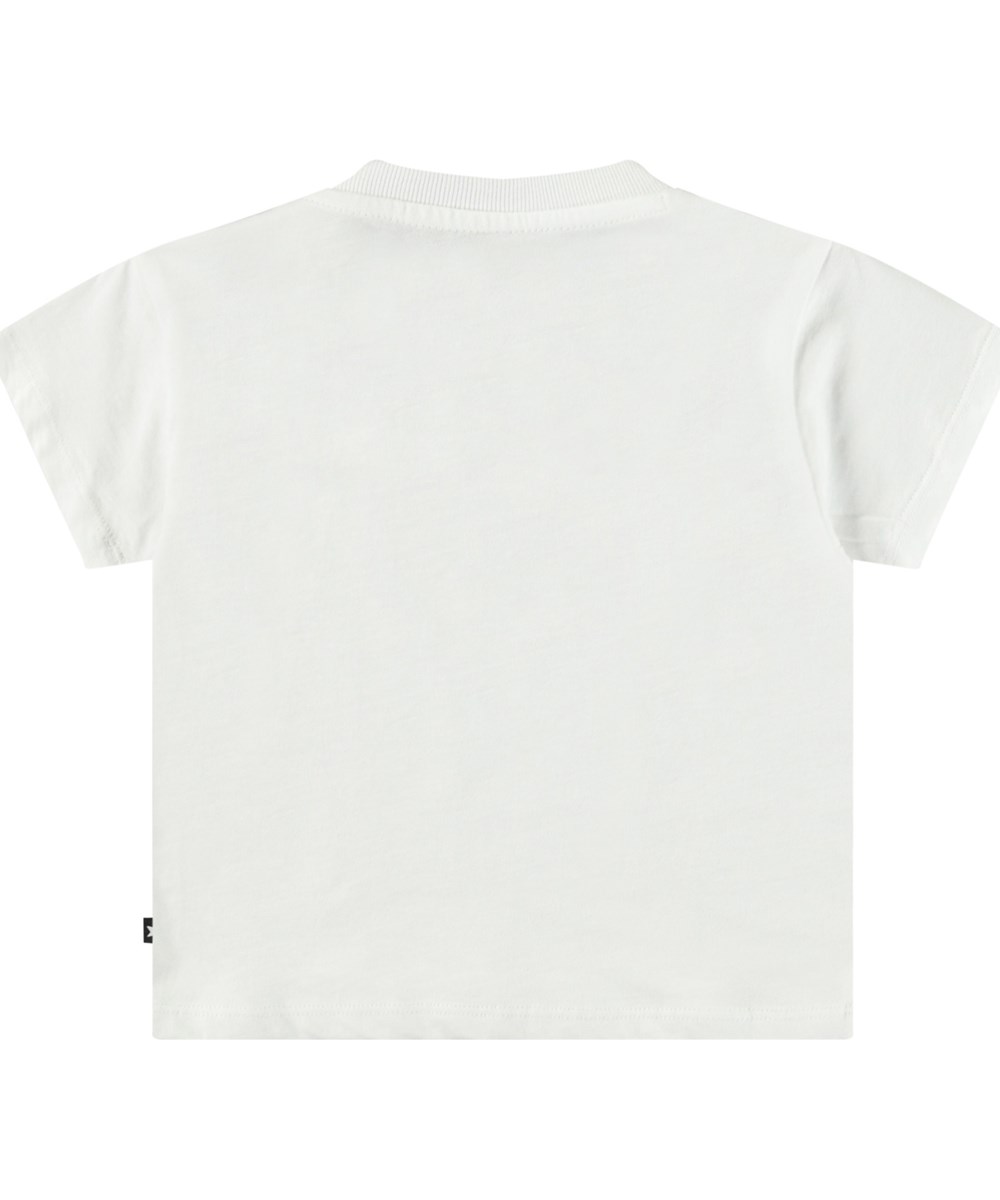 Enzo - Melon Smile - Klassisches Öko-Baumwoll-T-Shirt für Babys. Das T-Shirt ist weiß mit einem Frontdruck einer lächelnden Wassermelonen-Scheibe.