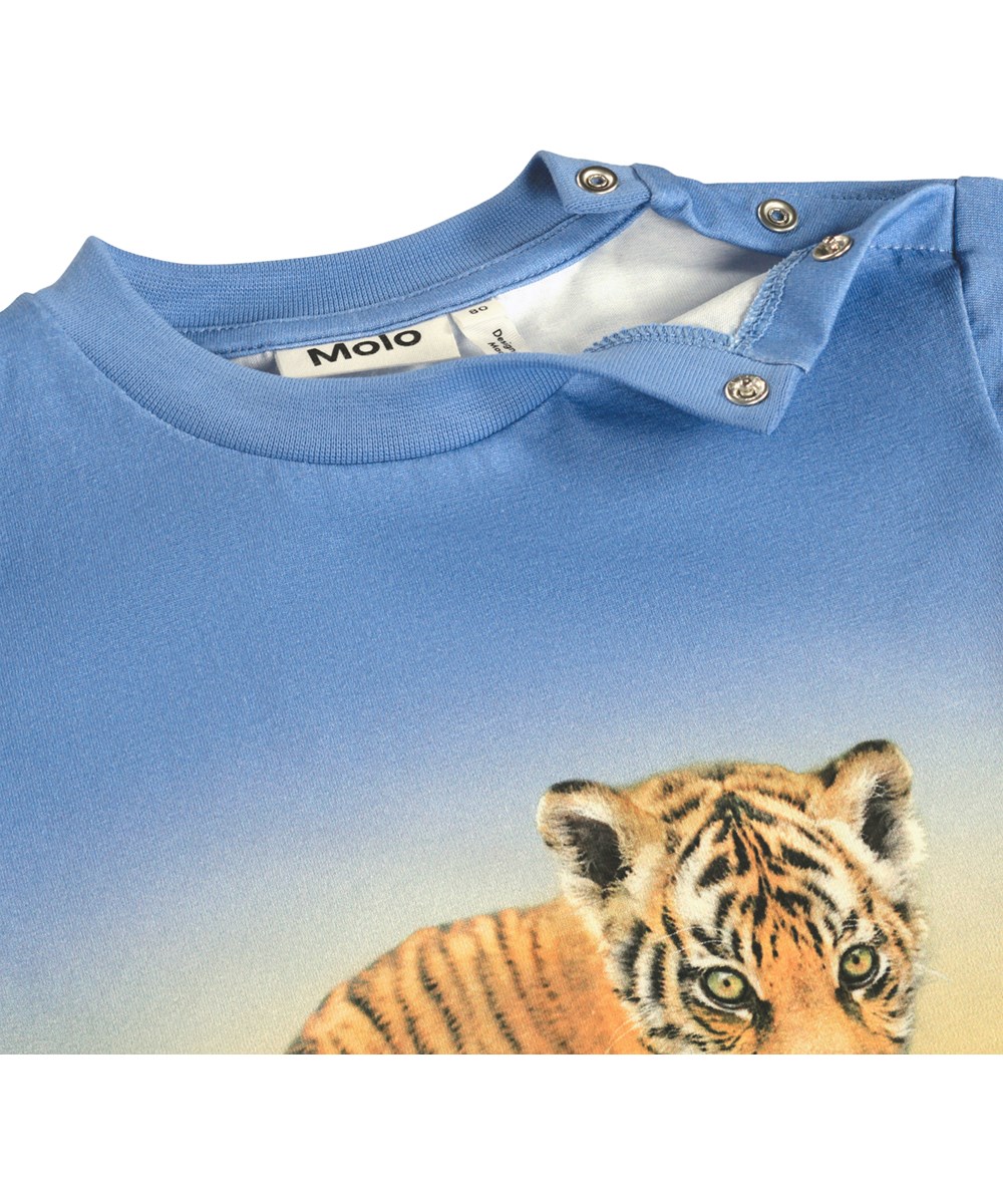 Enzo - Tiger Cub - Klassisches blaues T-Shirt für die Kleinen aus Bio-Baumwolle mit einem Tigerprint