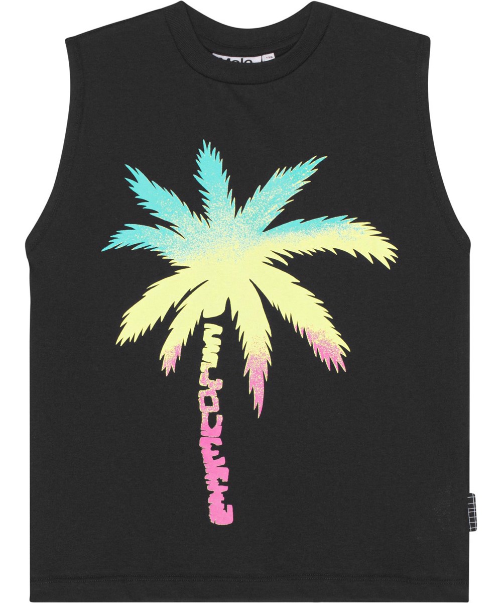 Ram - Black - Schwarzes Tanktop aus Öko-Baumwolle mit mehrfarbigem Palmenprint