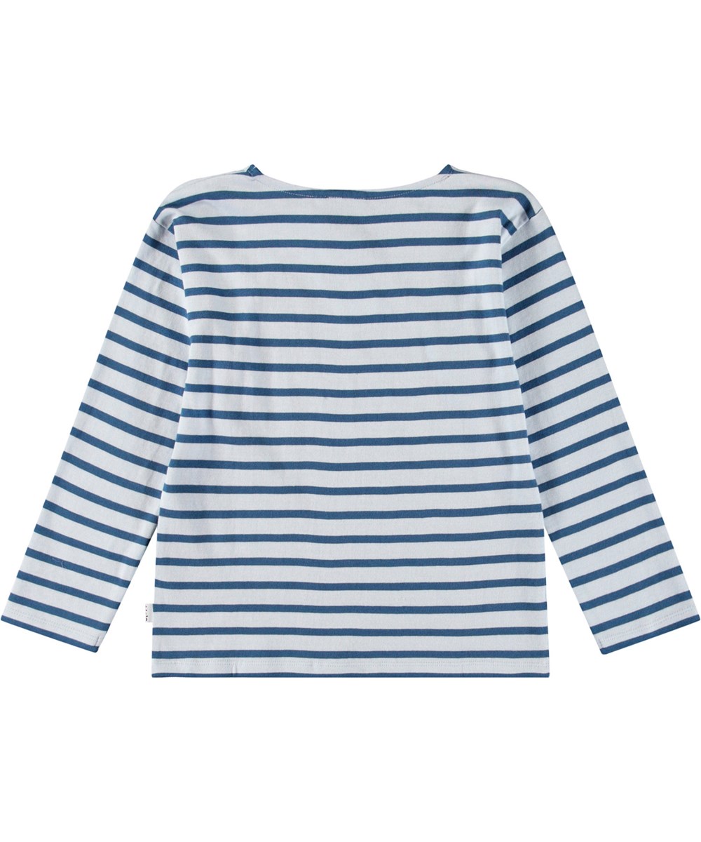Rilder - Lagoa Stripe - Gestreiftes blaues und hellblaues Langarmshirt für Kinder aus weicher Öko-Baumwolle mit langen Ärmeln und innenliegendem Nackenband.