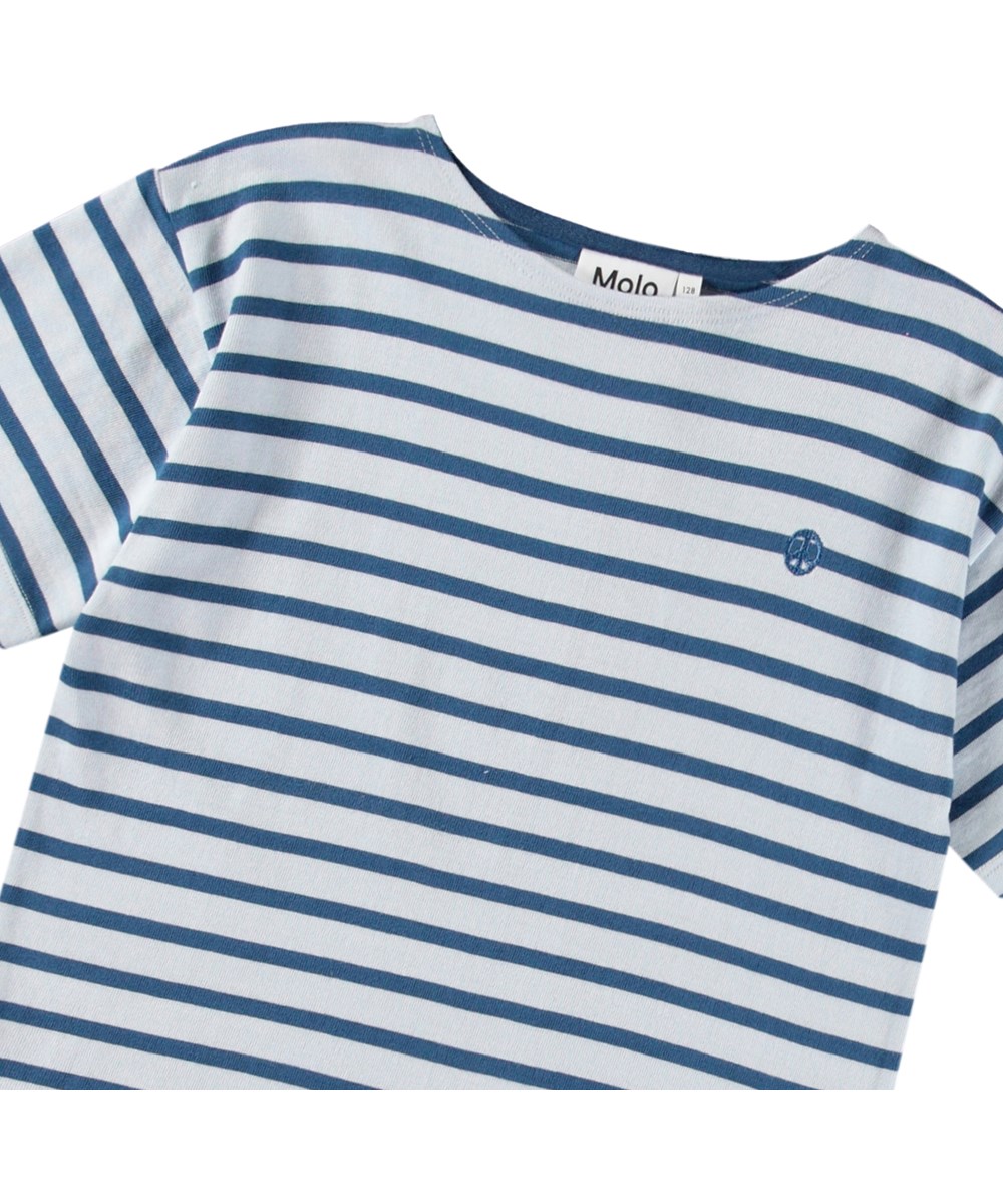 Rilee - Lagoa Stripe - Gestreiftes blaues und hellblaues T-Shirt für Kinder aus weicher Öko-Baumwolle mit kurzen Ärmeln und innerem Nackenband.
