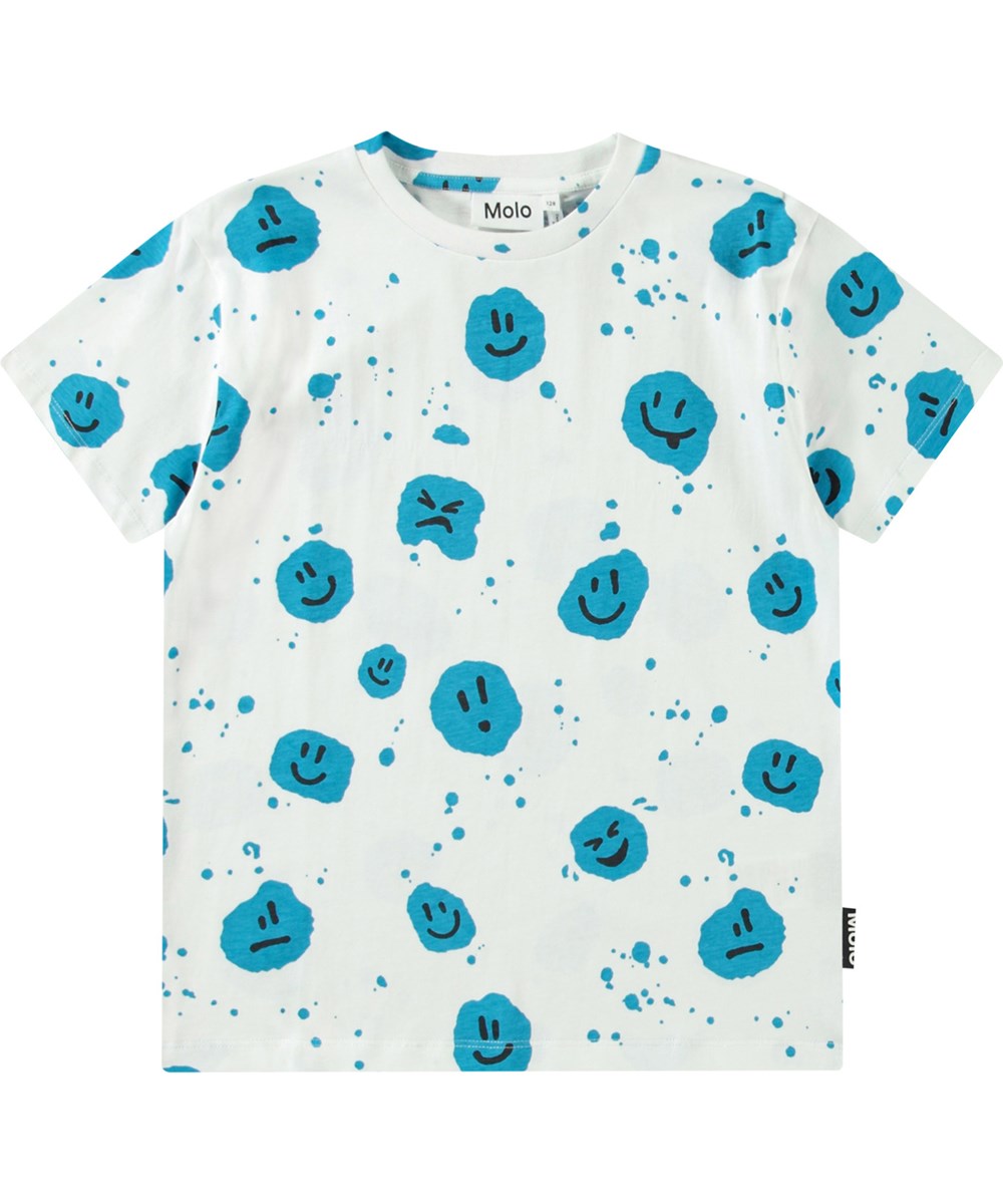Riley - Big Mood Dots - Weißes T-Shirt für Kinder aus weicher Öko-Baumwolle mit kurzen Ärmeln und geripptem Ausschnitt.
