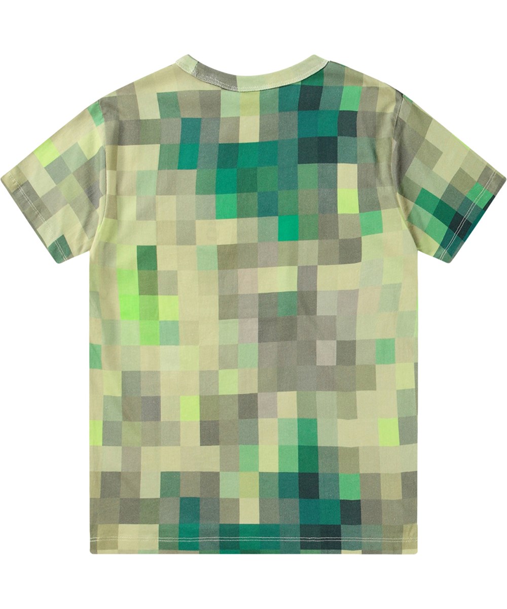 Riley - Green Pixels - Grünes T-Shirt aus Öko-Baumwolle mit all-over Pixel-Print.