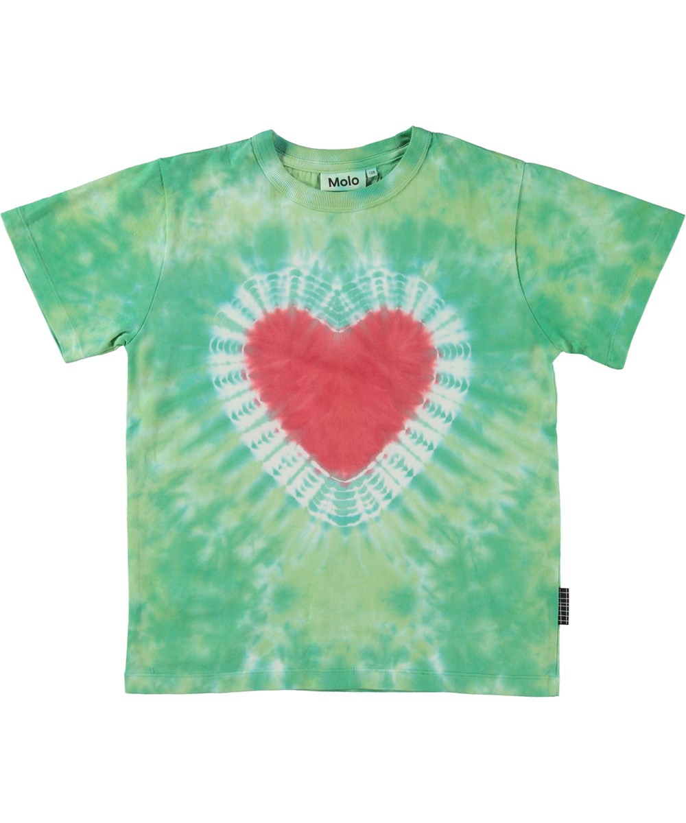 Riley - Heart Dye - Unisex-T-Shirt mit grünem Batikdruck und Herz