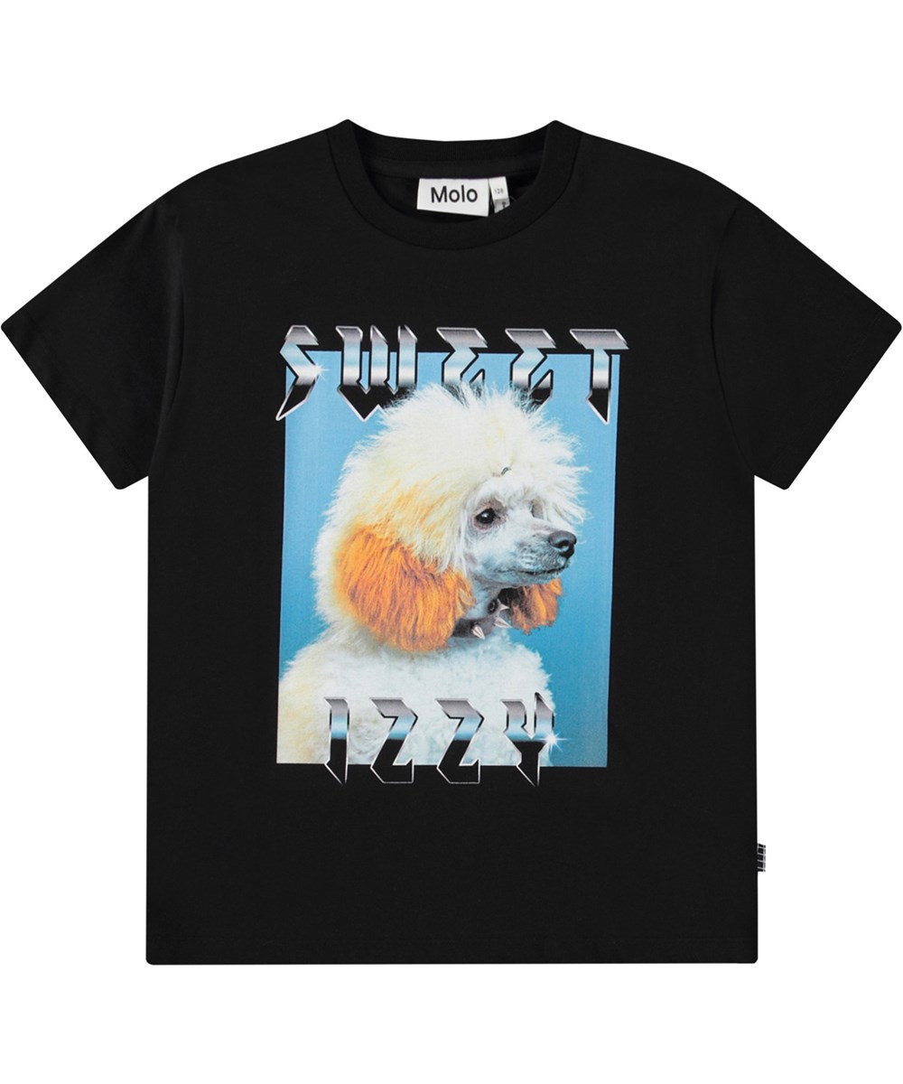 Riley - Izzy - Schwarzes T-Shirt für Kinder aus weicher Öko-Baumwolle mit kurzen Ärmeln und geripptem Ausschnitt.