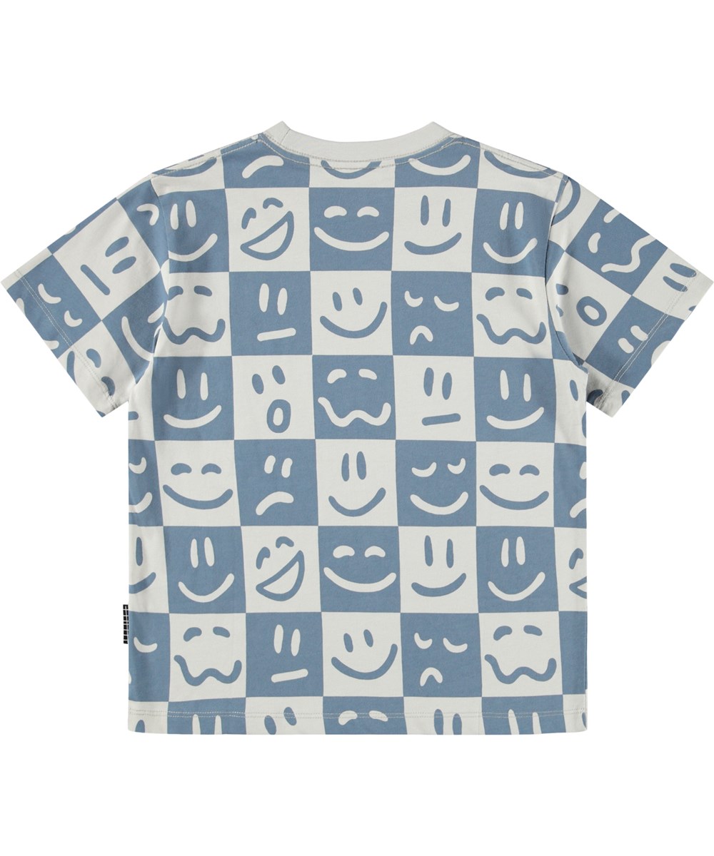 Riley - Mood Squares - Kariertes blaues und cremefarbenes T-Shirt für Kinder aus weicher Bio-Baumwolle mit kurzen Ärmeln und einem gerippten Ausschnitt.
