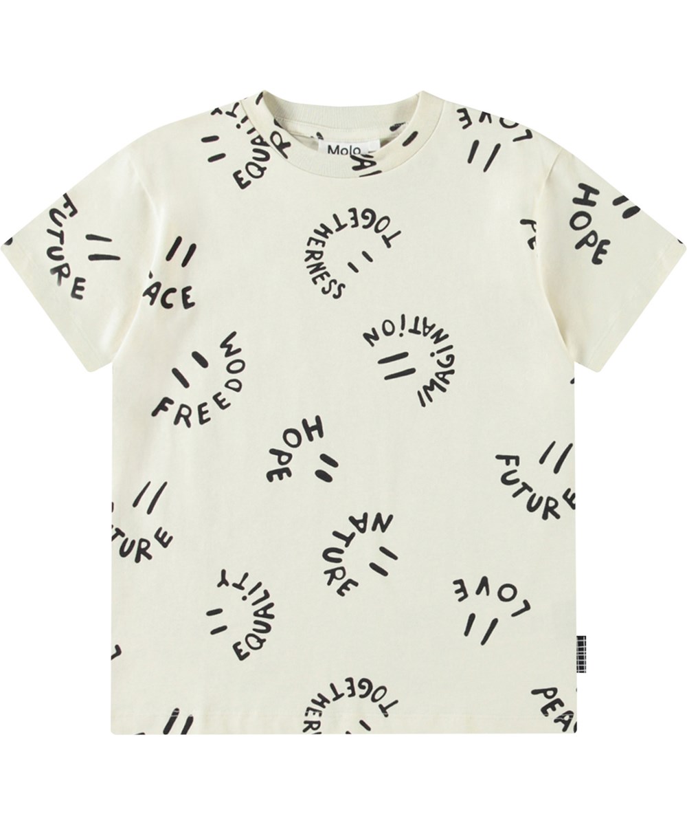 Riley - Smiling Words - Off-weißes T-Shirt mit Druck für Kinder aus weicher Öko-Baumwolle mit kurzen Ärmeln und geripptem Ausschnitt.