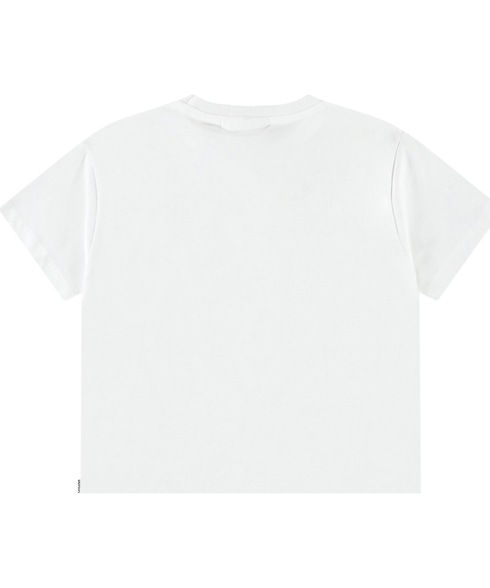 Riley - Sunny - Weißes T-Shirt mit Aufdruck für Kinder aus weicher Öko-Baumwolle mit kurzen Ärmeln und geripptem Ausschnitt.