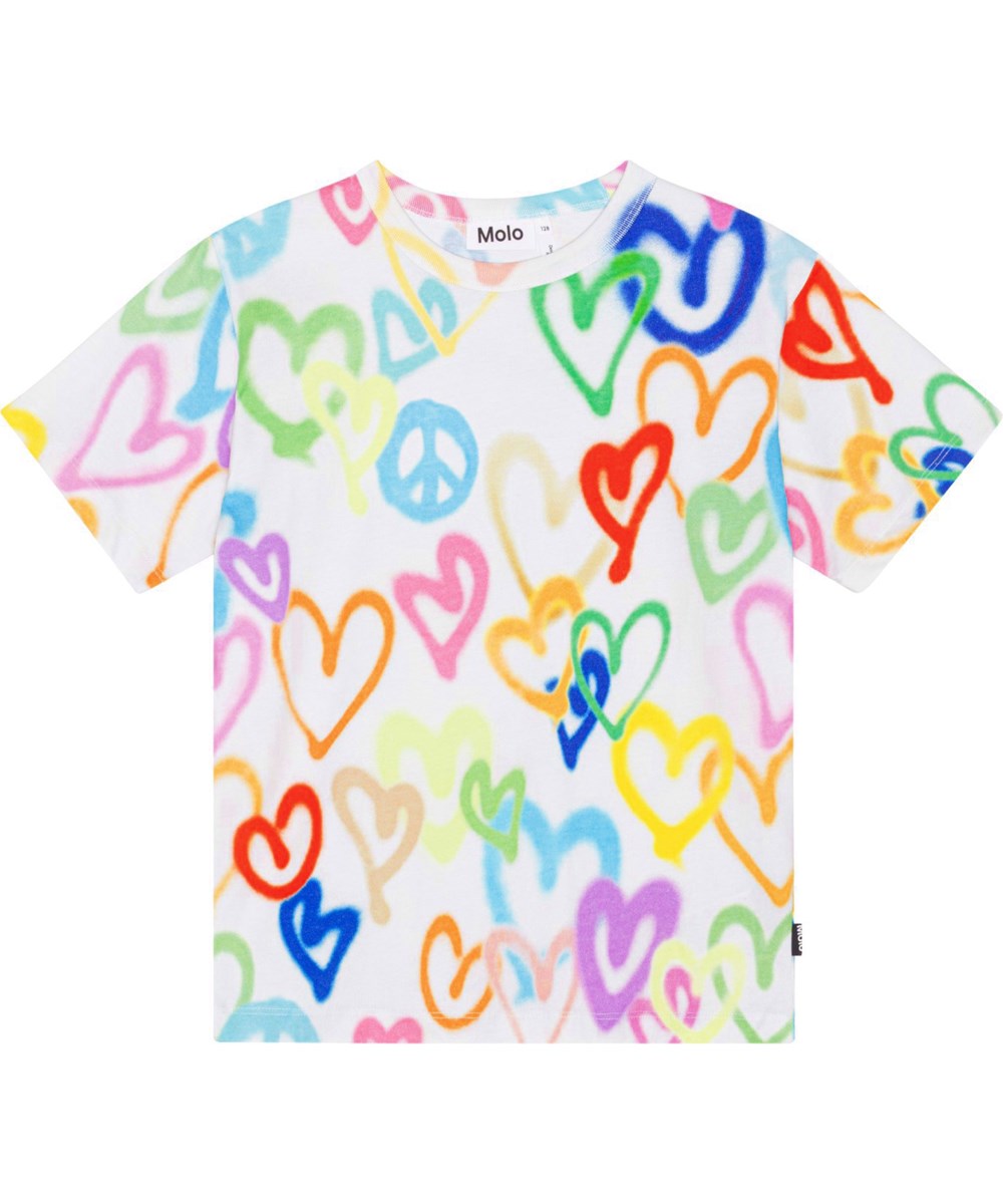 Riley - Variety Hearts - Weißes Kurzarm-T-Shirt aus Öko-Baumwolle mit Allover-Herzdruck in verschiedenen Farben
