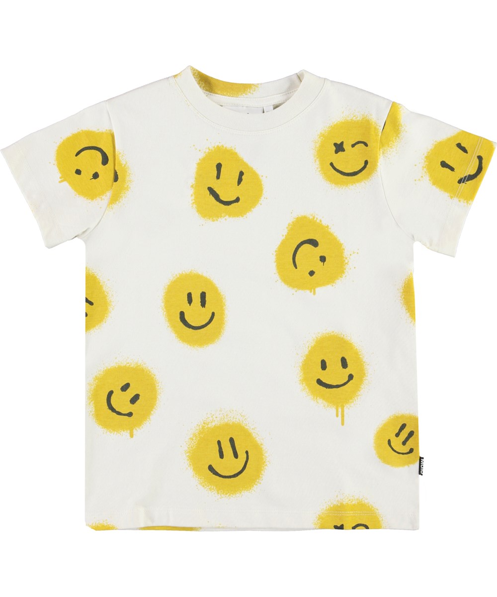 Road - Happy Together - Weißes Basic T-Shirt mit gelben Spray-Smileys.