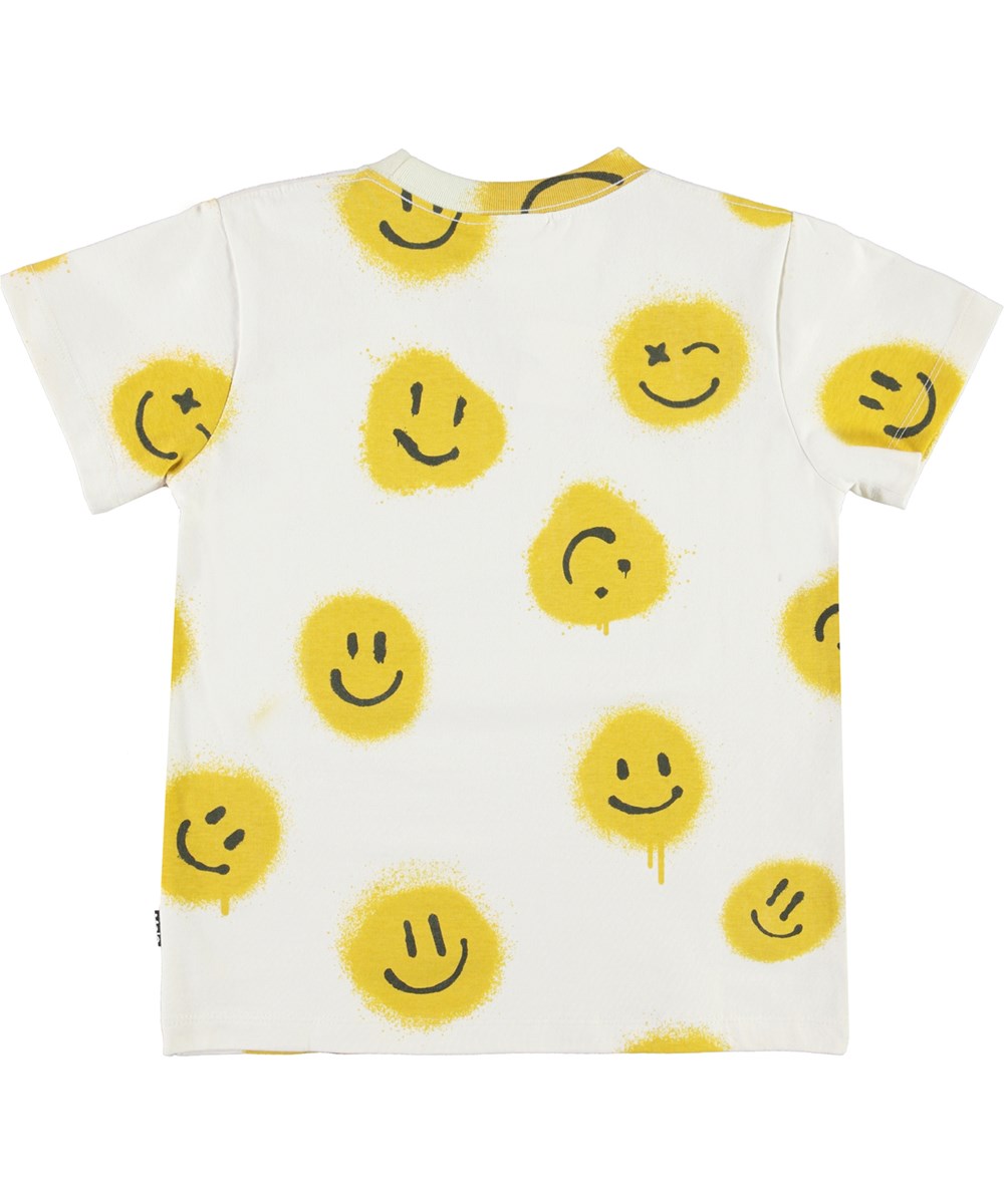 Road - Happy Together - Weißes Basic T-Shirt mit gelben Spray-Smileys.