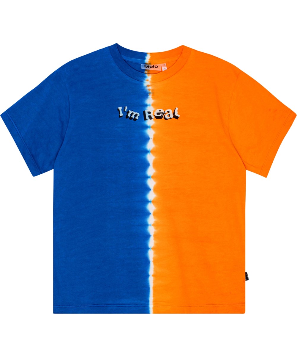Rodney - Dye Divided - Blaues und orangefarbenes Batik-T-Shirt aus Öko-Baumwolle mit dem Aufdruck "I'm Real".