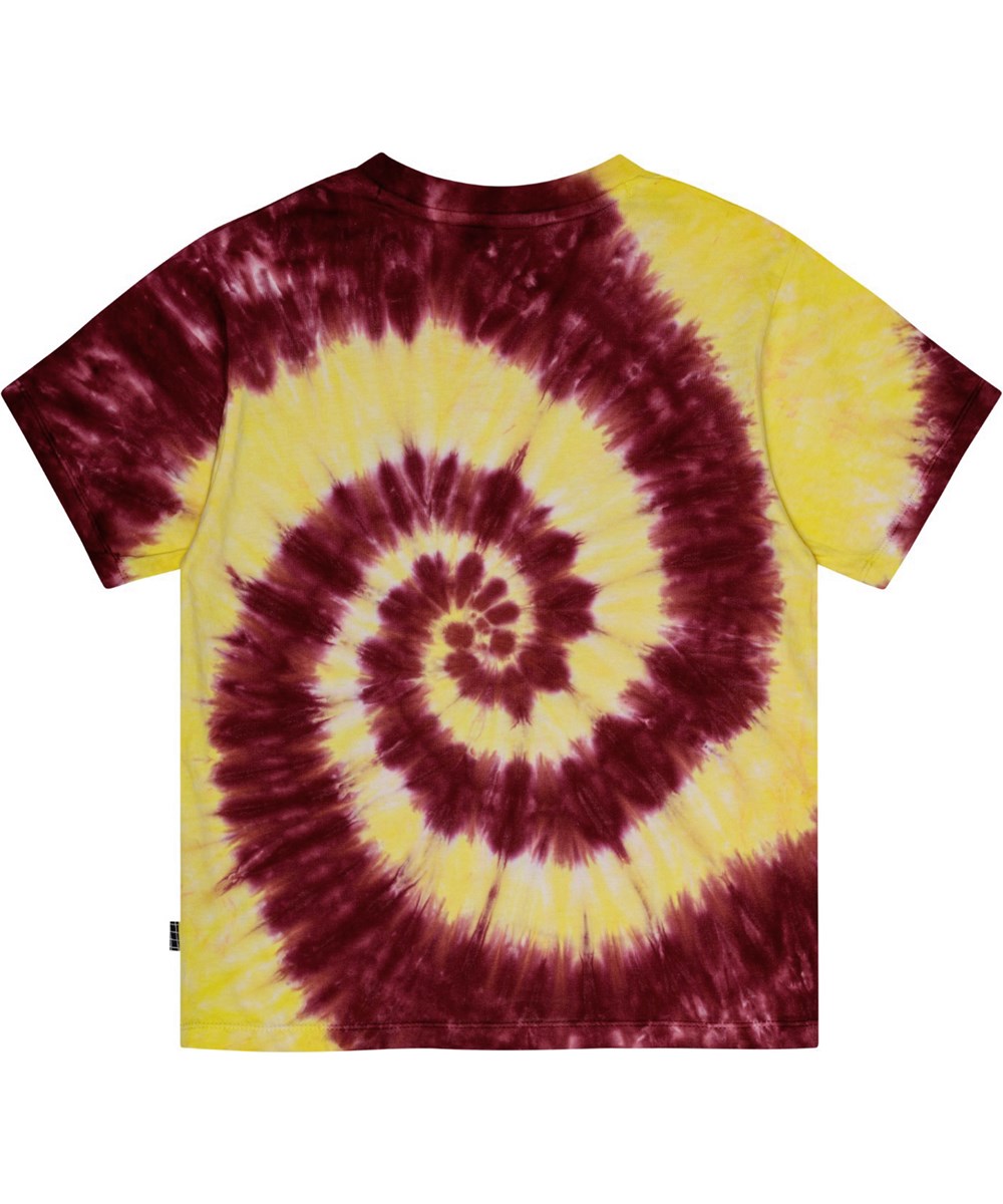 Rodney - Mouse Over - Gelbes und bordeauxfarbenes Batik-T-Shirt aus Öko-Baumwolle mit Computerkatzen-Druck.