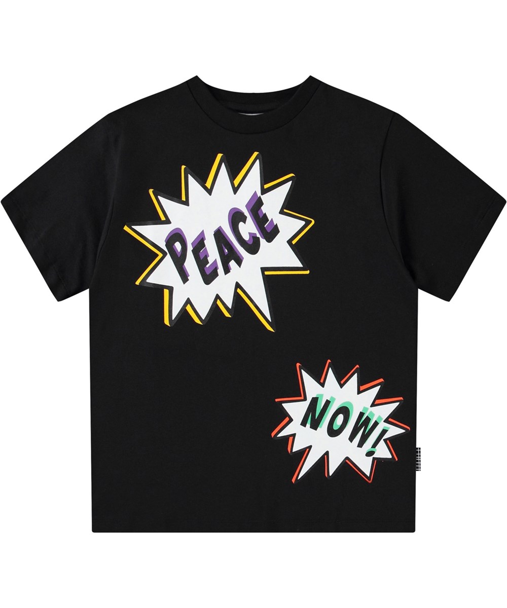 Rodney - Shout Bubbles - Schwarzes Öko-Baumwoll-T-Shirt für Kinder mit kurzen Ärmeln und geripptem Ausschnitt.