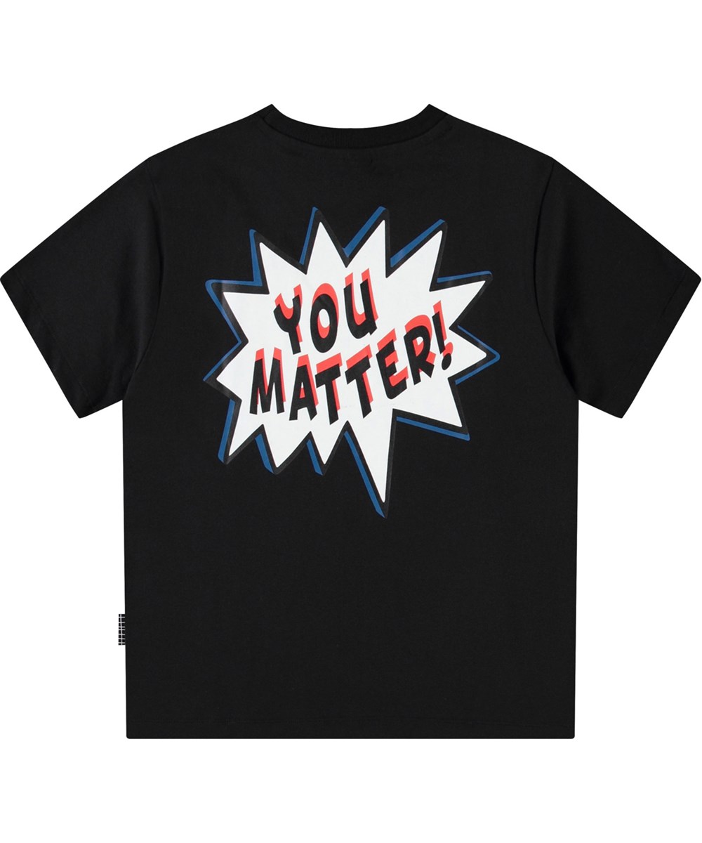 Rodney - Shout Bubbles - Schwarzes Öko-Baumwoll-T-Shirt für Kinder mit kurzen Ärmeln und geripptem Ausschnitt.