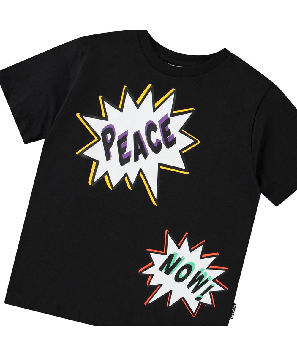 Rodney - Shout Bubbles - Schwarzes Öko-Baumwoll-T-Shirt für Kinder mit kurzen Ärmeln und geripptem Ausschnitt.