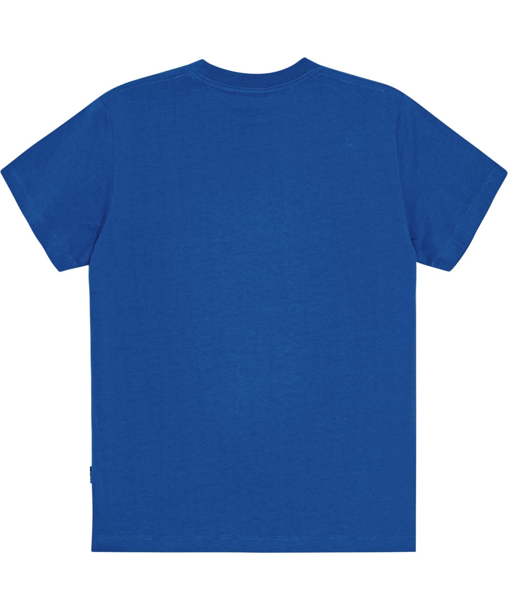 Roxo - Lapis Blue - Molo x Plan International blaues T-Shirt aus Öko-Baumwolle mit einem großen Lächeln auf der Vorderseite bedruckt.