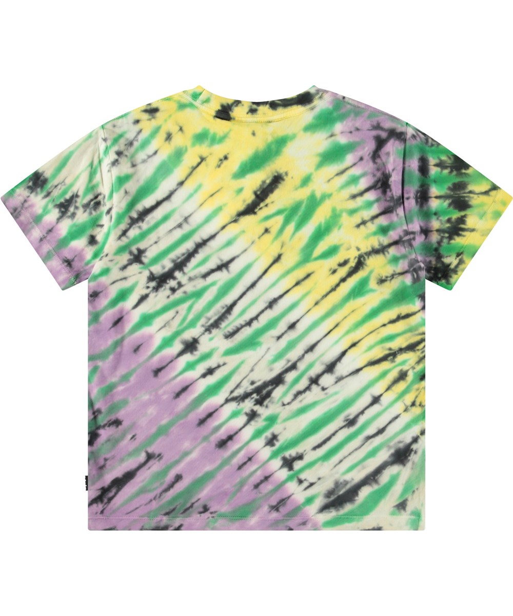 Roxo - Tie Dye - Bunt gefärbtes Batik-T-Shirt für Kinder aus Öko-Baumwolle mit kurzen Ärmeln, geripptem Ausschnitt und lockerer Passform.