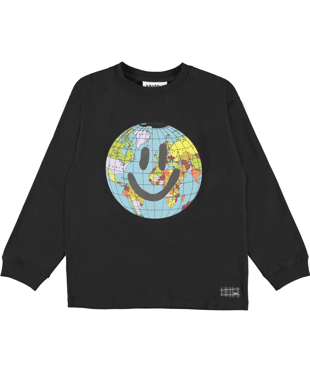 Rube - Black - Schwarzes Unisex-Shirt mit Smiley und Weltkugel