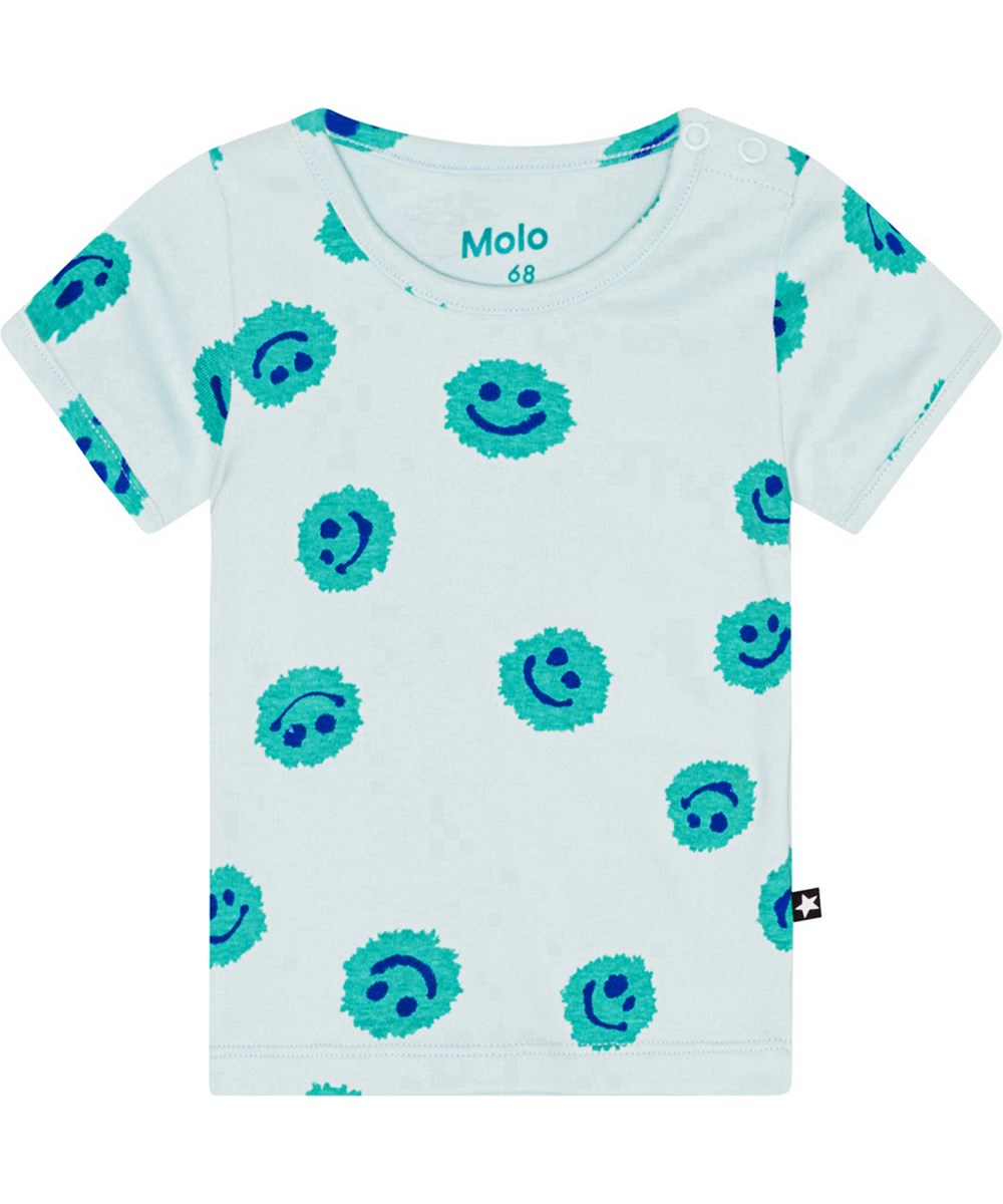 Easy - Aquarelle Blobs - Lyseblå t-shirt til de mindste i økologisk bomulds jersey med alloverprint af smilende ansigter