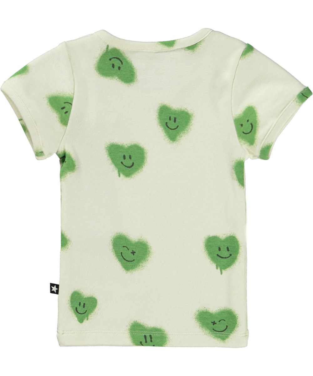 Easy - Hearts - Lysegrøn t-shirt til de mindste i økologisk bomulds jersey med alloverprint af smilende hjerter