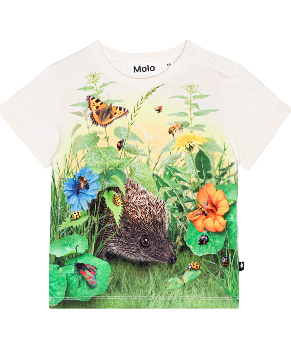 Easy - Living Garden - Råhvid baby t-shirt i økologisk bomulds jersey med print af pindsvin og insekter i det grønne græs