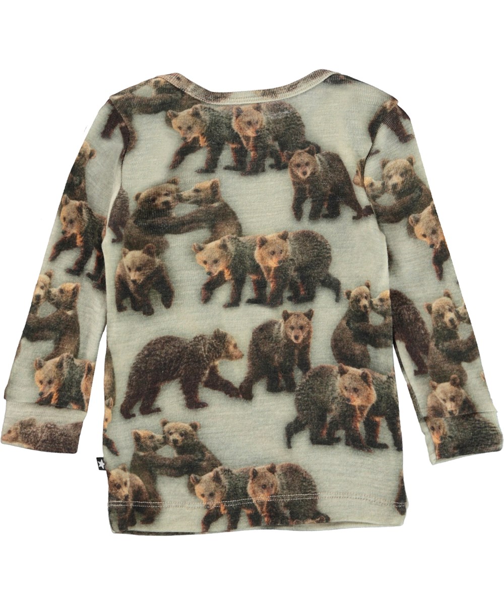 Eli - Bear Cubs - grå uld babybluse med print af bjørne