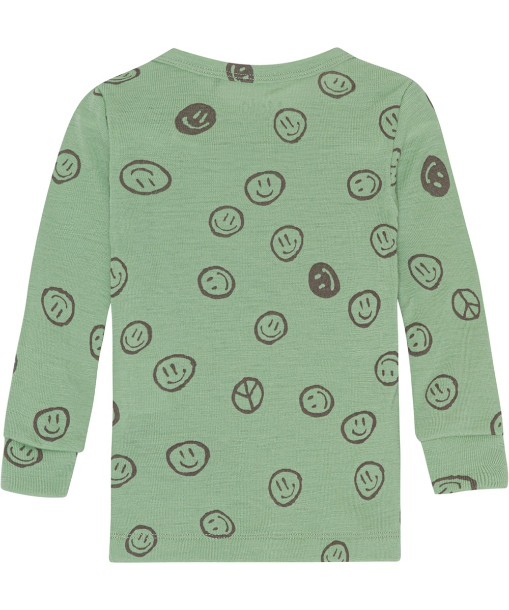 Eli - Happy Moss - Grøn baby bluse i merino uld med smil print