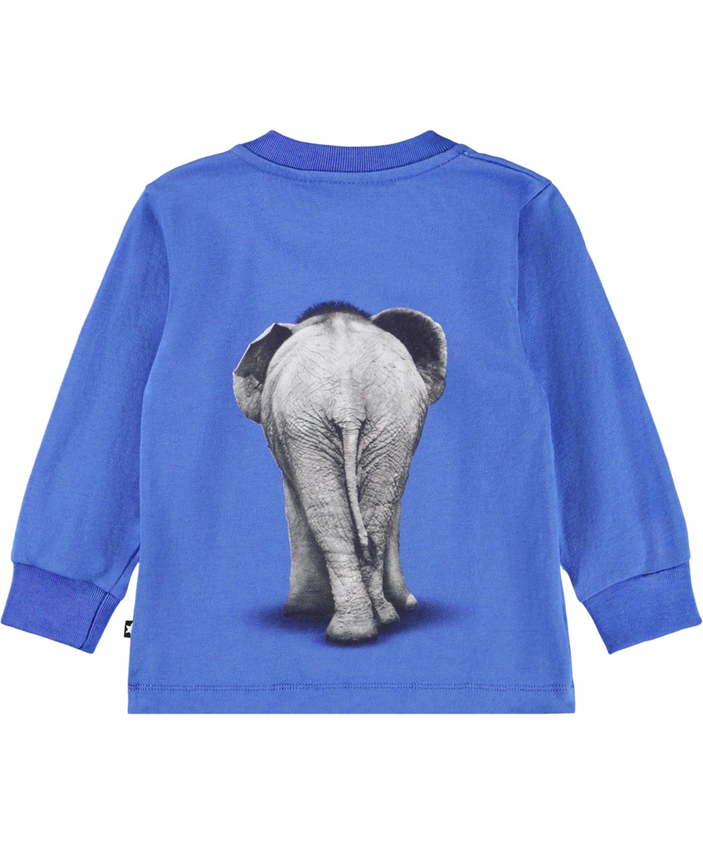 Eloy - Baby Elephant - Blå bluse til baby i økologisk bomuldsjersey med et print af en babyelefant