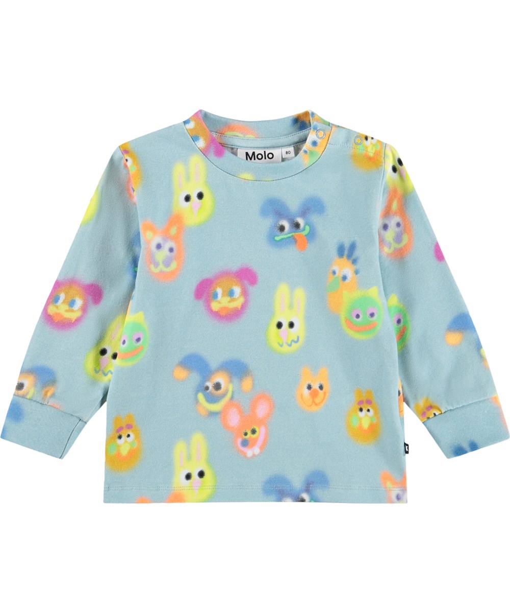 Eloy - Fuzzy Friends - Blå babybluse med sjovt print i økologisk bomuld