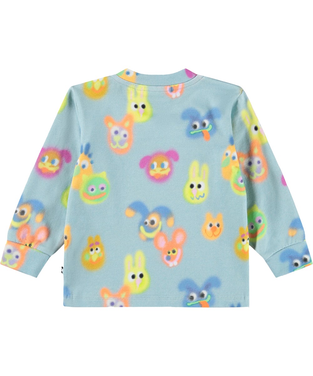 Eloy - Fuzzy Friends - Blå babybluse med sjovt print i økologisk bomuld