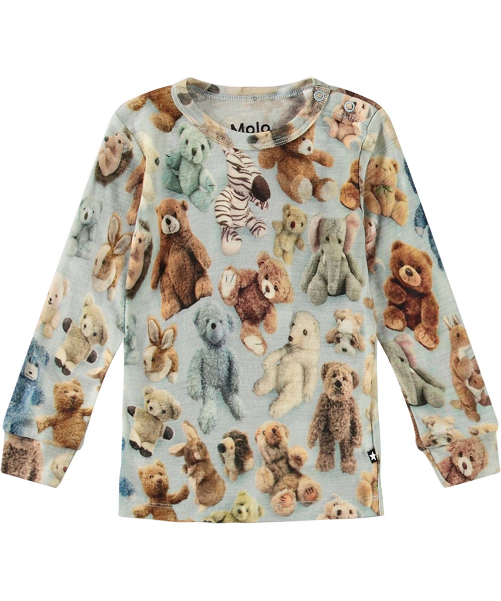 Ena - Teddy Galore - Multifarvet økologisk merinould bluse med bamse print