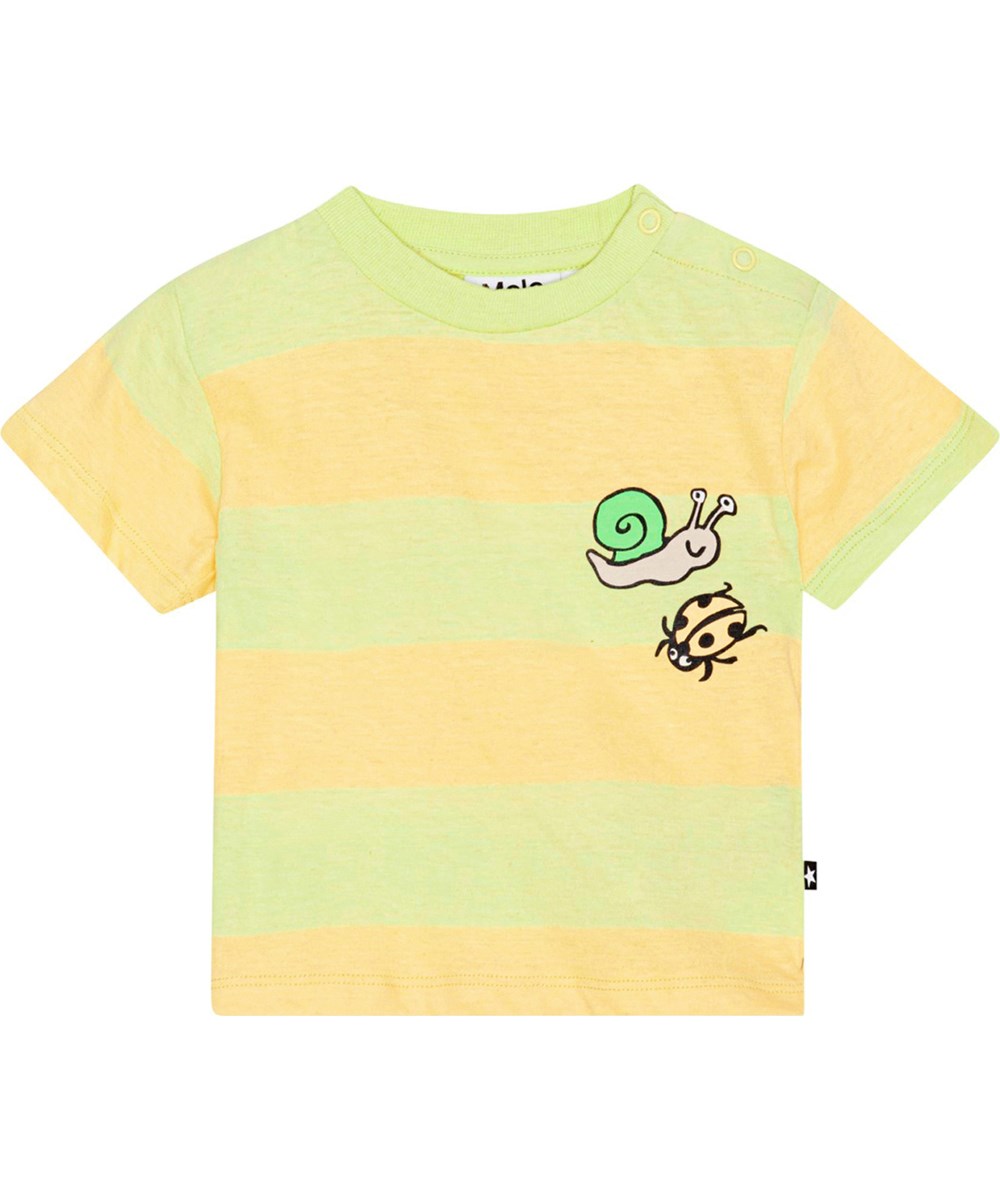 Enzo - Bleach Sun - Stribet t-shirt til de mindste i økologisk bomuld med print af en snegl og mariehøne