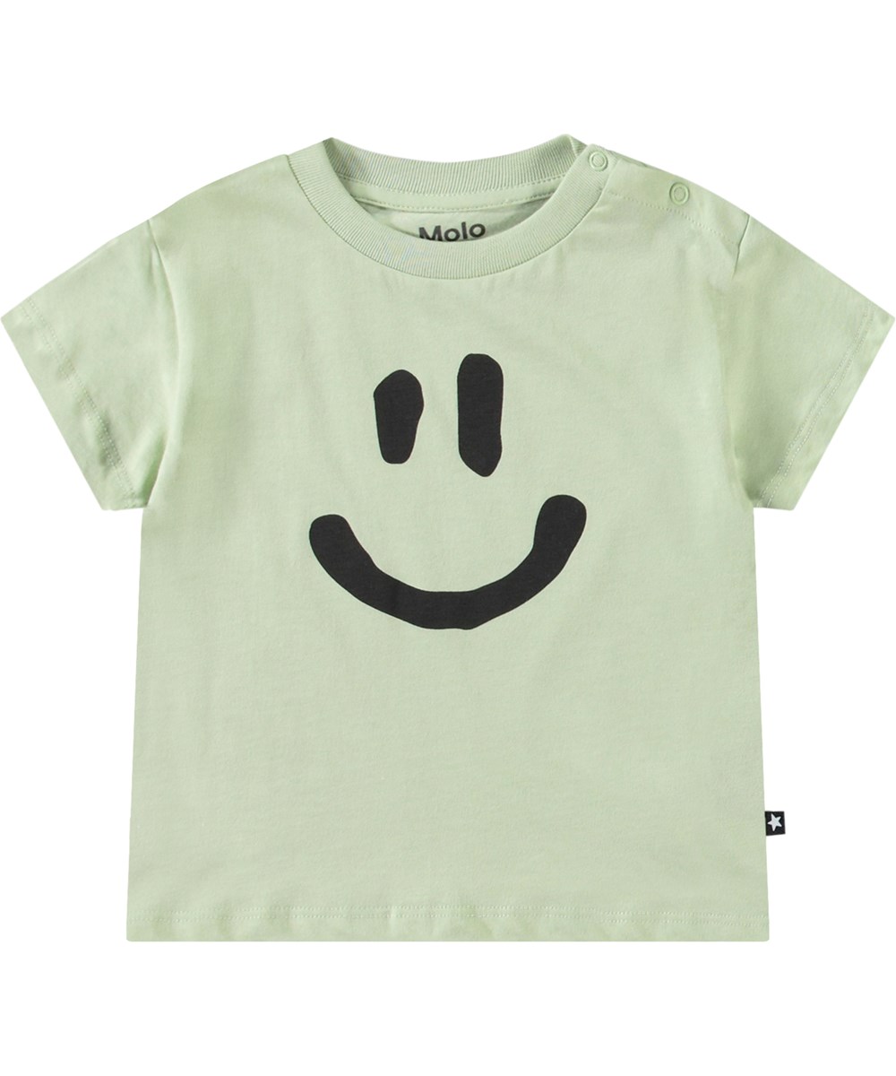 Enzo - Misty Green - Klassisk t-shirt i økologisk bomuld til baby. T-shirten er lysegrøn med smilende ansigt.