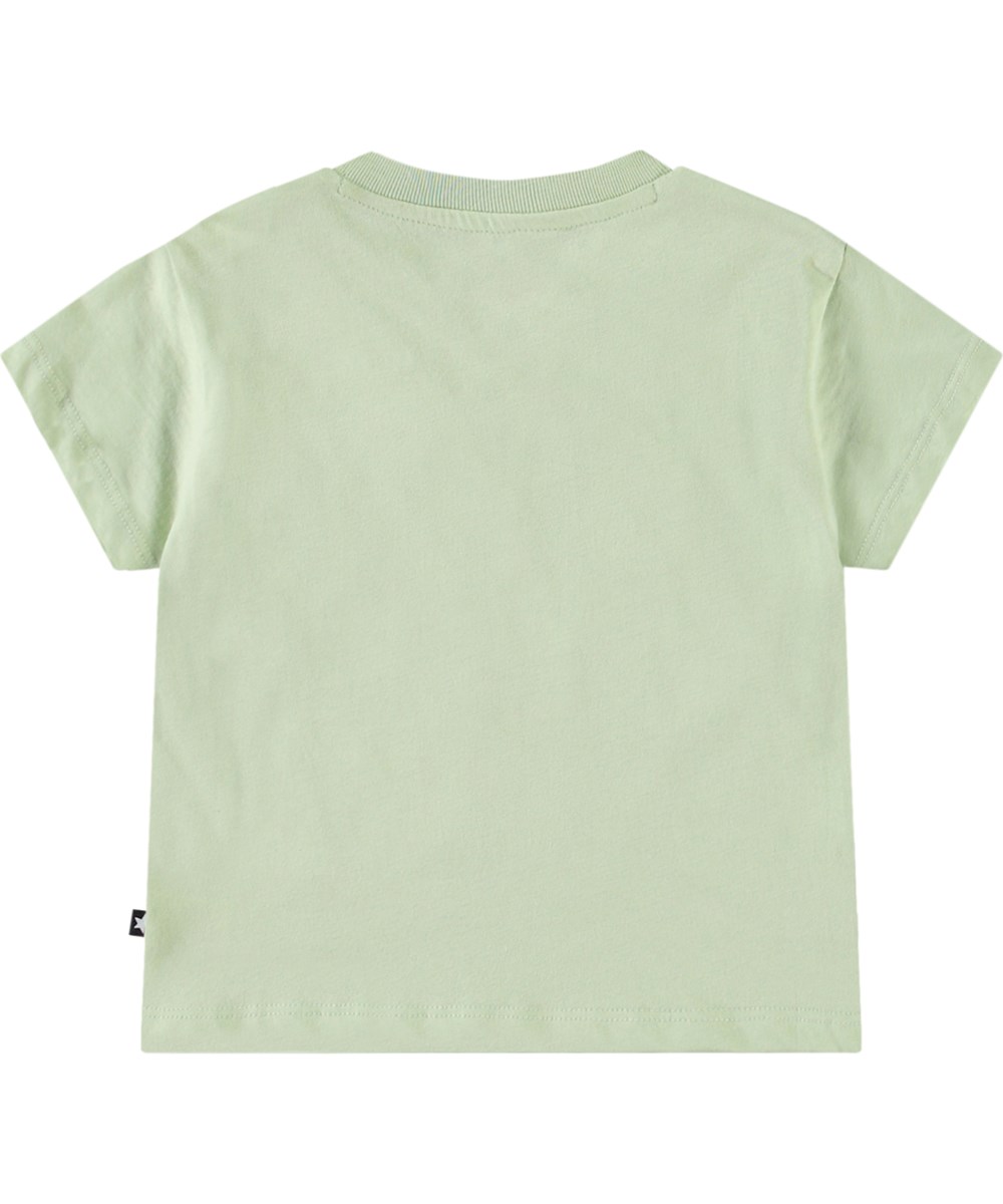 Enzo - Misty Green - Klassisk t-shirt i økologisk bomuld til baby. T-shirten er lysegrøn med smilende ansigt.