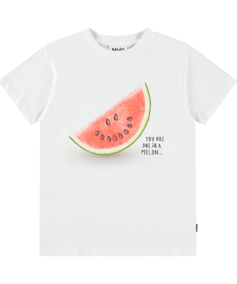 Rame - One In A Melon - Hvid t-shirt med print til børn i blødt økologisk bomuld med ribkant i halsen.