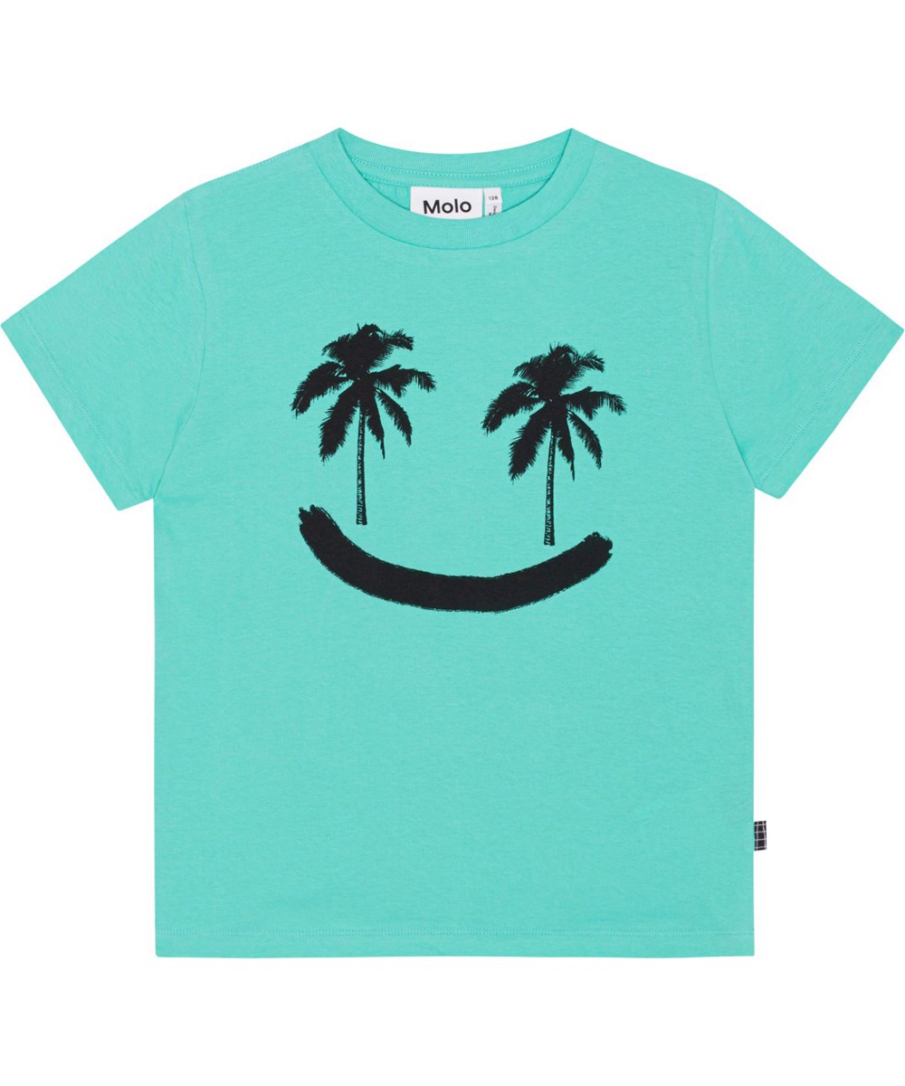 Rame - Pacific - Turkis t-shirt i blødt økologisk bomuld med print af et smilende ansigt med palme øjne