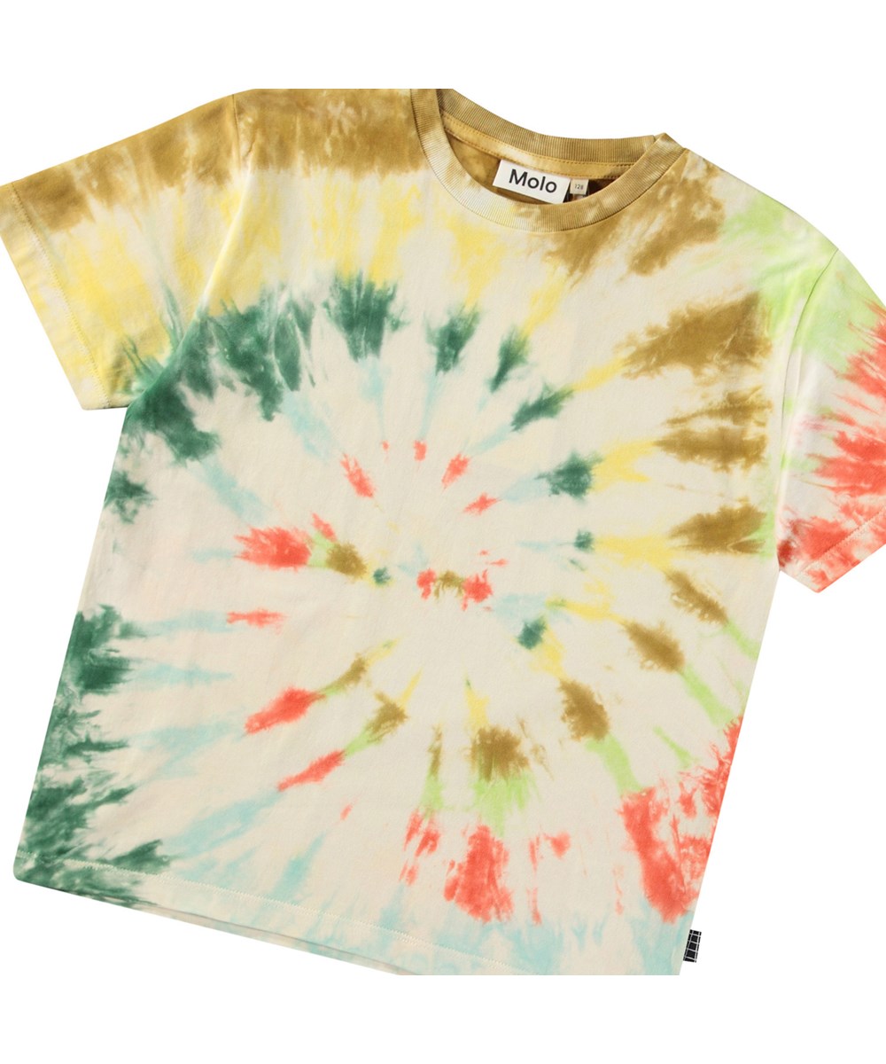 Riley - Light Colourful - Løs t-shirt med tie-dye i blødt økologisk bomuld med korte ærmer og ribkant i halsen.