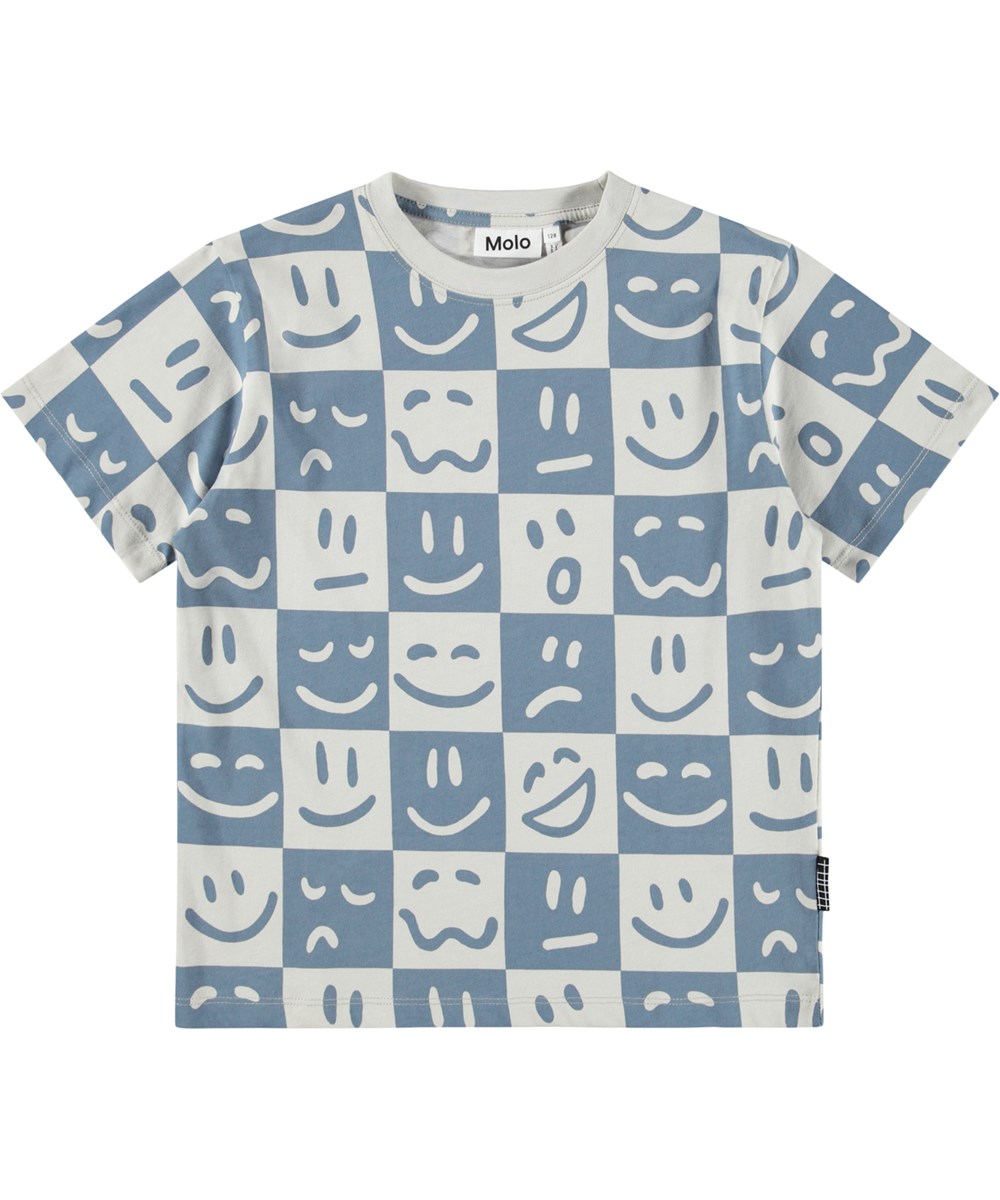Riley - Mood Squares - Ternet blå og råhvid t-shirt til børn i blødt økologisk bomuld med korte ærmer og ribkant i halsen.