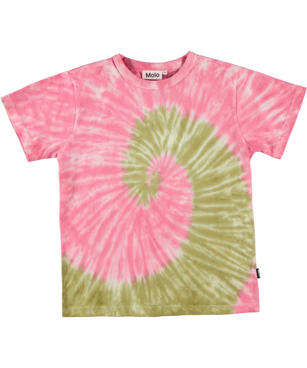 Riley - Pink Swirl - Økologisk tie-dye t-shirt i pink med grøn spiral