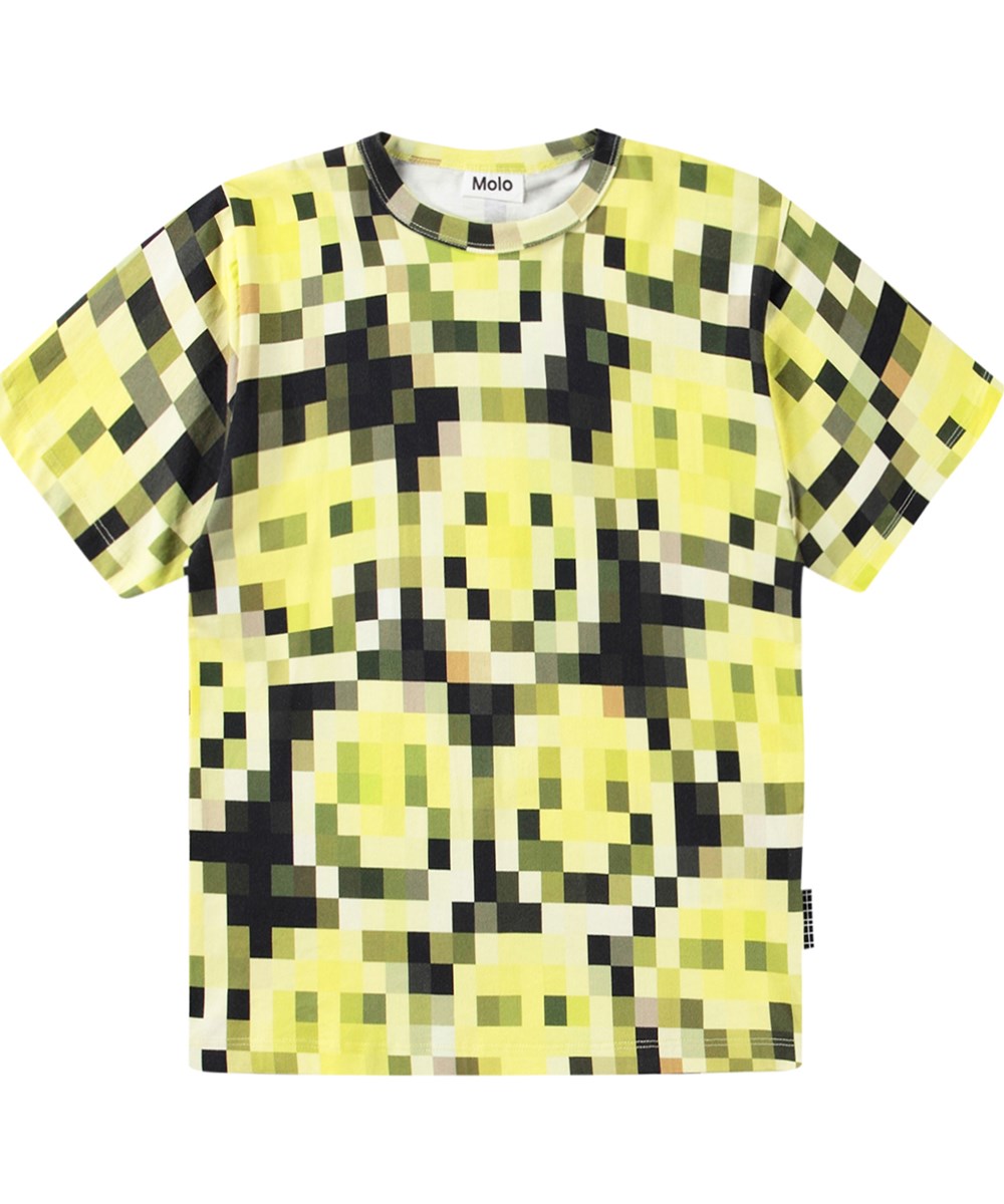 Riley - Pixelated Smiles - Gul og sort t-shirt i økologisk bomuld med smilende pixel print