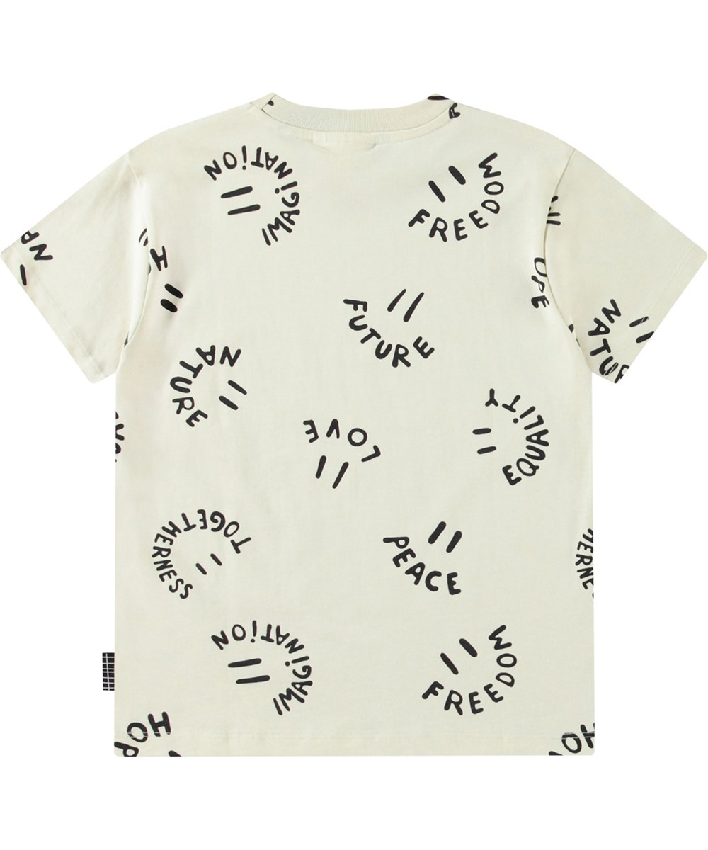 Riley - Smiling Words - Råhvid t-shirt med print til børn i blødt økologisk bomuld med korte ærmer og ribkant i halsen.