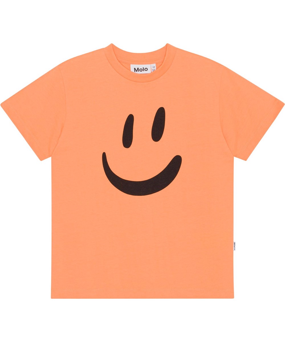 Roxo - Ember - Orange kortærmet t-shirt i økologisk bomuld med et stort smiley-print på fronten