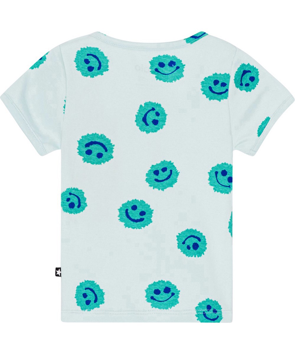 Easy - Aquarelle Blobs - Light blue t-shirt for small children in organic cotton jersey with an all over print of smiling faces