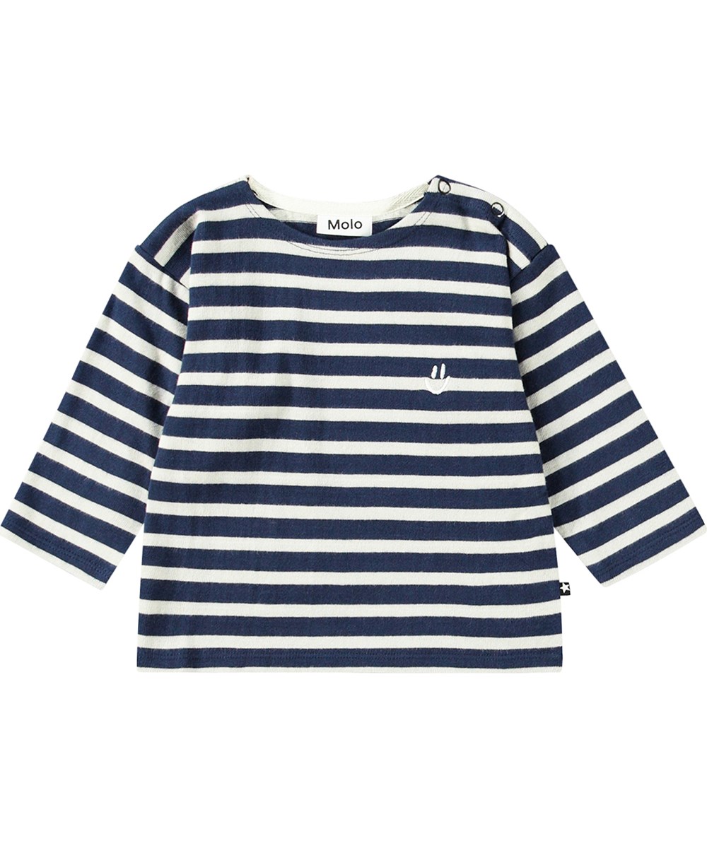Edarko - Oceanic Stripe - Blue and white striped organic top with embroidered smiling face.