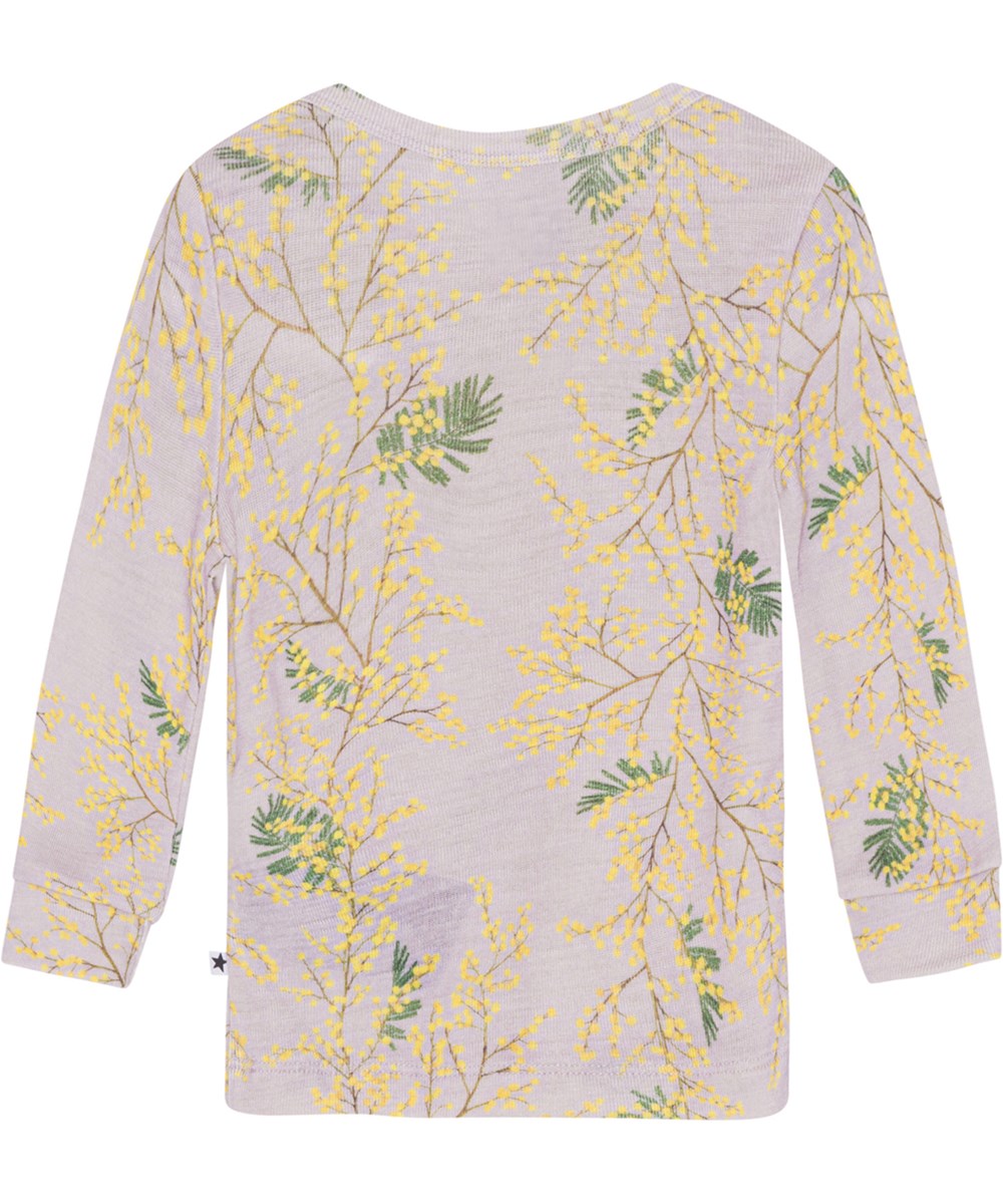Eli - Mimosa Wool - Purple baby top in Merino wool with mimosa print